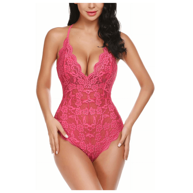 Women Deep V Lingerie Lace Teddy One Piece Babydoll Mini Bodysuit  Free Size Pink Color