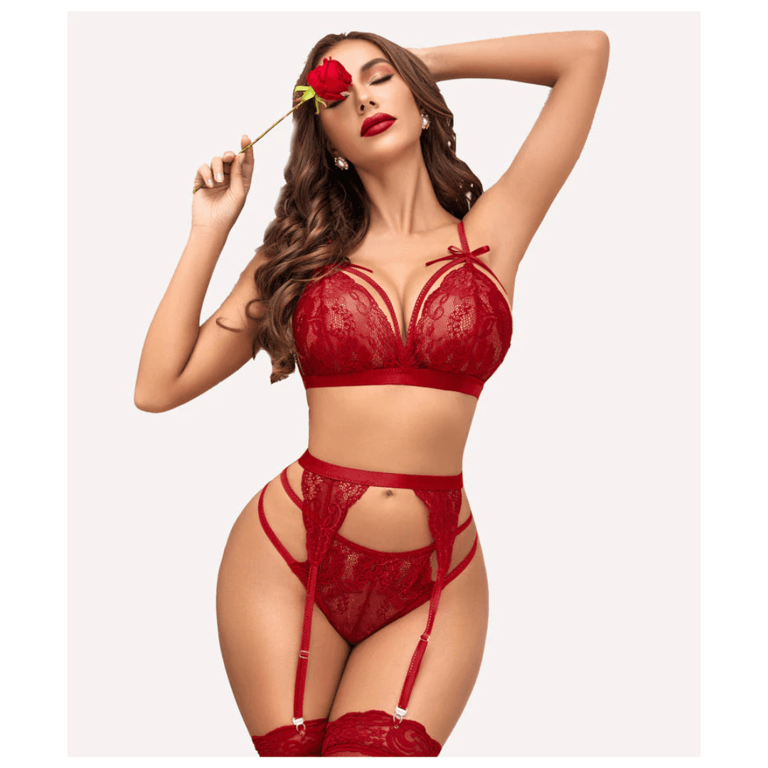 Women Lingerie Set Lace Teddy Strap Babydoll Bodysuit with Garter Belts  Free Size Maroon Color(No Stocking)