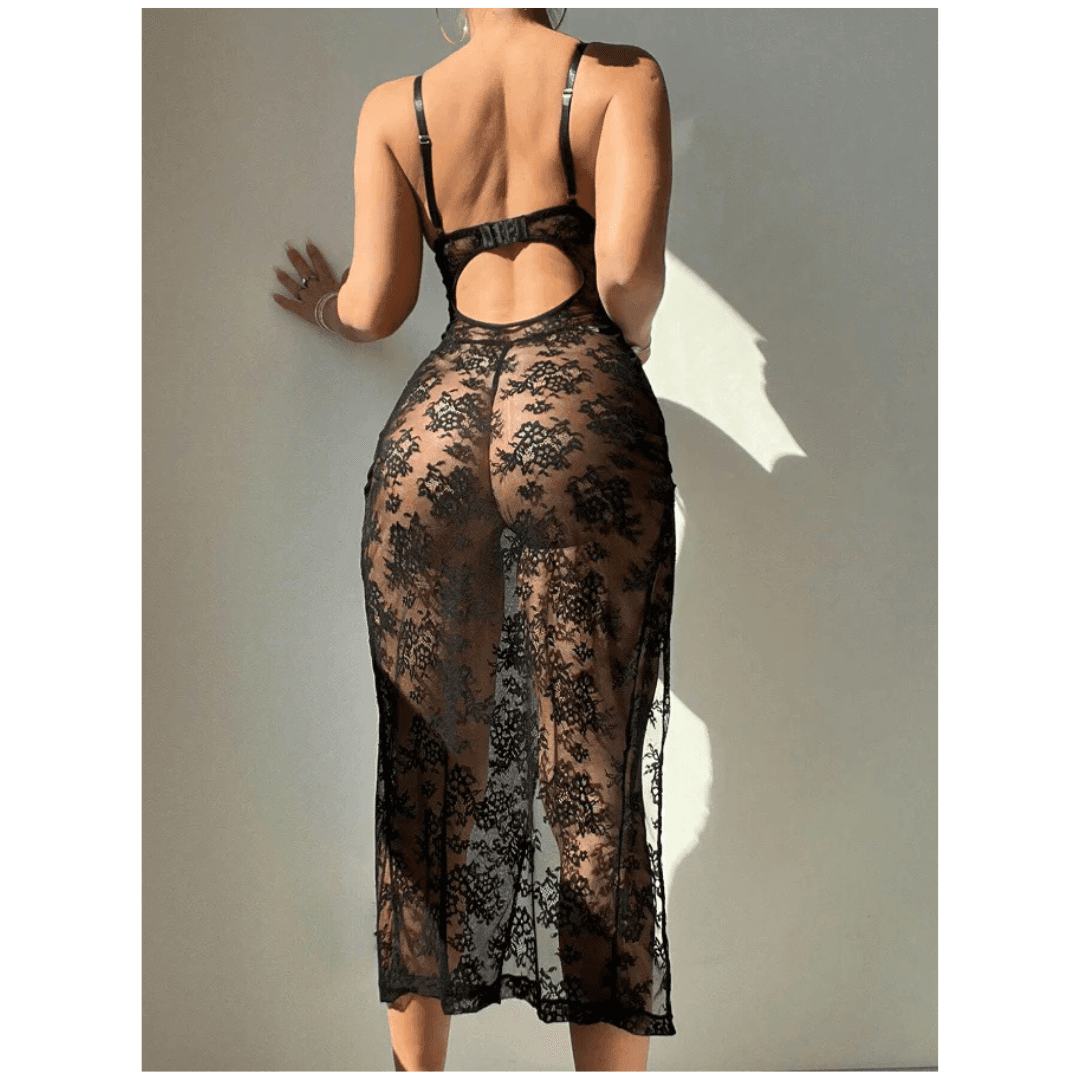 Women Nightdress Maxi Lingerie Lace Babydoll Sleepwear With G-String Panty For Honeymoon First Night Bridal Nightdress Free Size Black Color 1