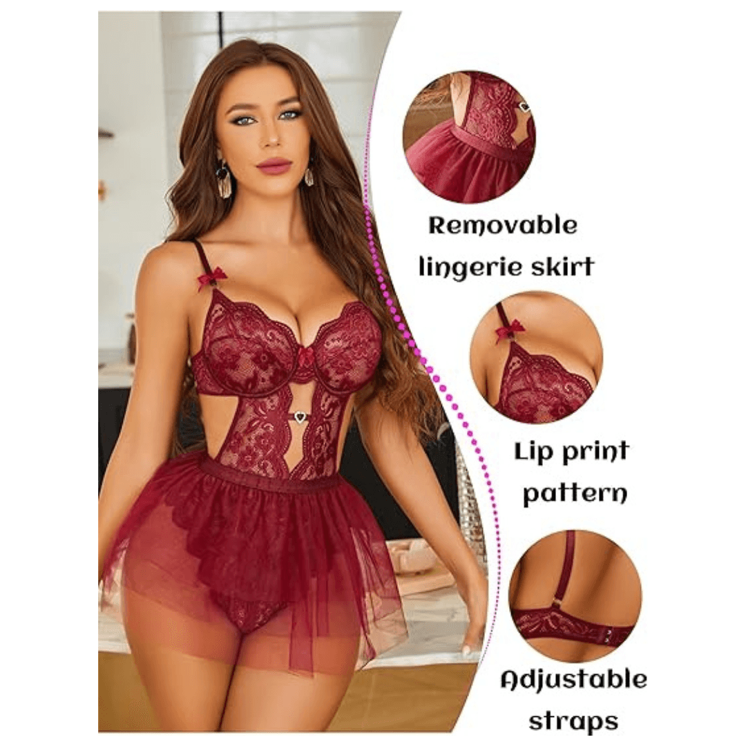 Lingerie Set Lace Underwired Bodysuit with Detachable Mesh Mini Skirt Push Up Teddy Lingerie Maroon Color Free Size 5