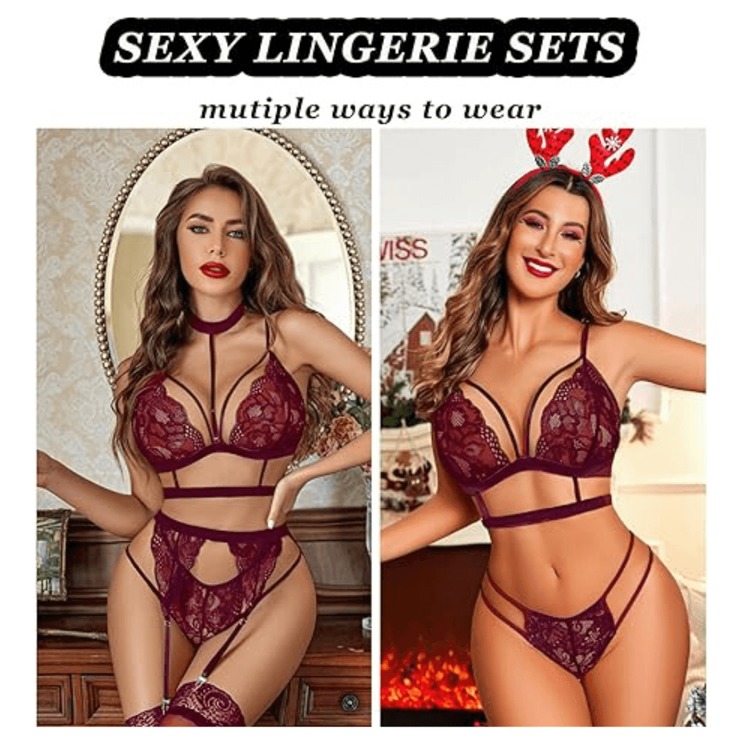 Women Lace Garter Lingerie Set with Removable Choker Teddy Babydoll Strappy Bra and Panty Set Free Size Maroon color (No Stockings) 1