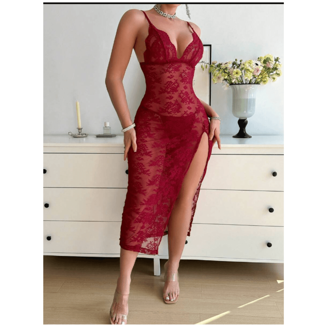 Women Nightdress Maxi Lingerie Lace Babydoll Sleepwear With G-String Panty For Honeymoon First Night Bridal Nightdress Free Size Maroon Color 1