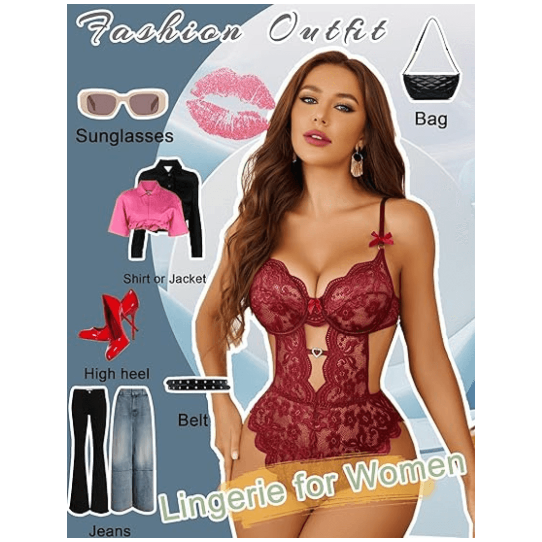 Lingerie Set Lace Underwired Bodysuit with Detachable Mesh Mini Skirt Push Up Teddy Lingerie Maroon Color Free Size 4
