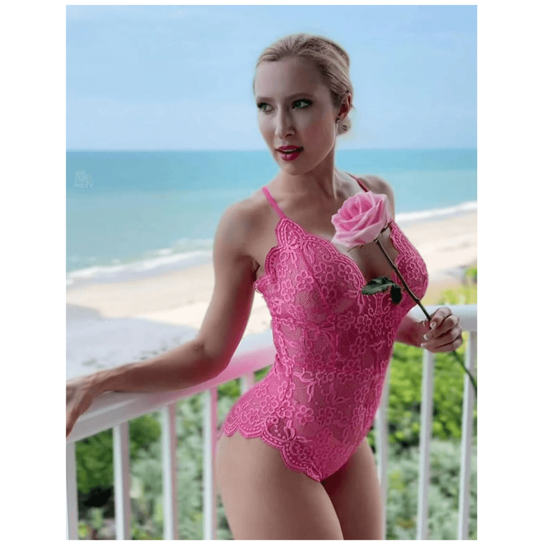 Women Deep V Lingerie Lace Teddy One Piece Babydoll Mini Bodysuit  Free Size Pink Color 5