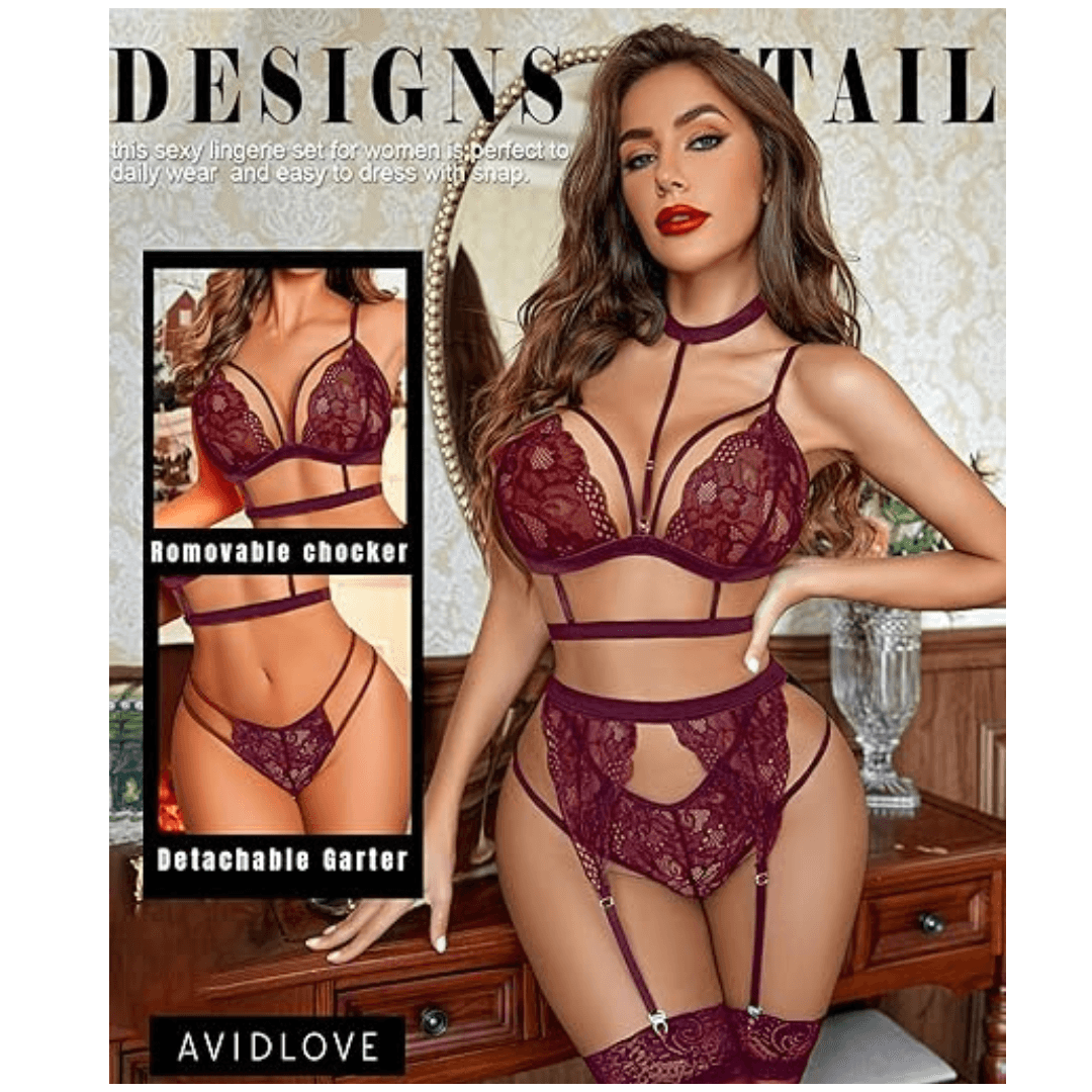 Women Lace Garter Lingerie Set with Removable Choker Teddy Babydoll Strappy Bra and Panty Set Free Size Maroon color (No Stockings) 2