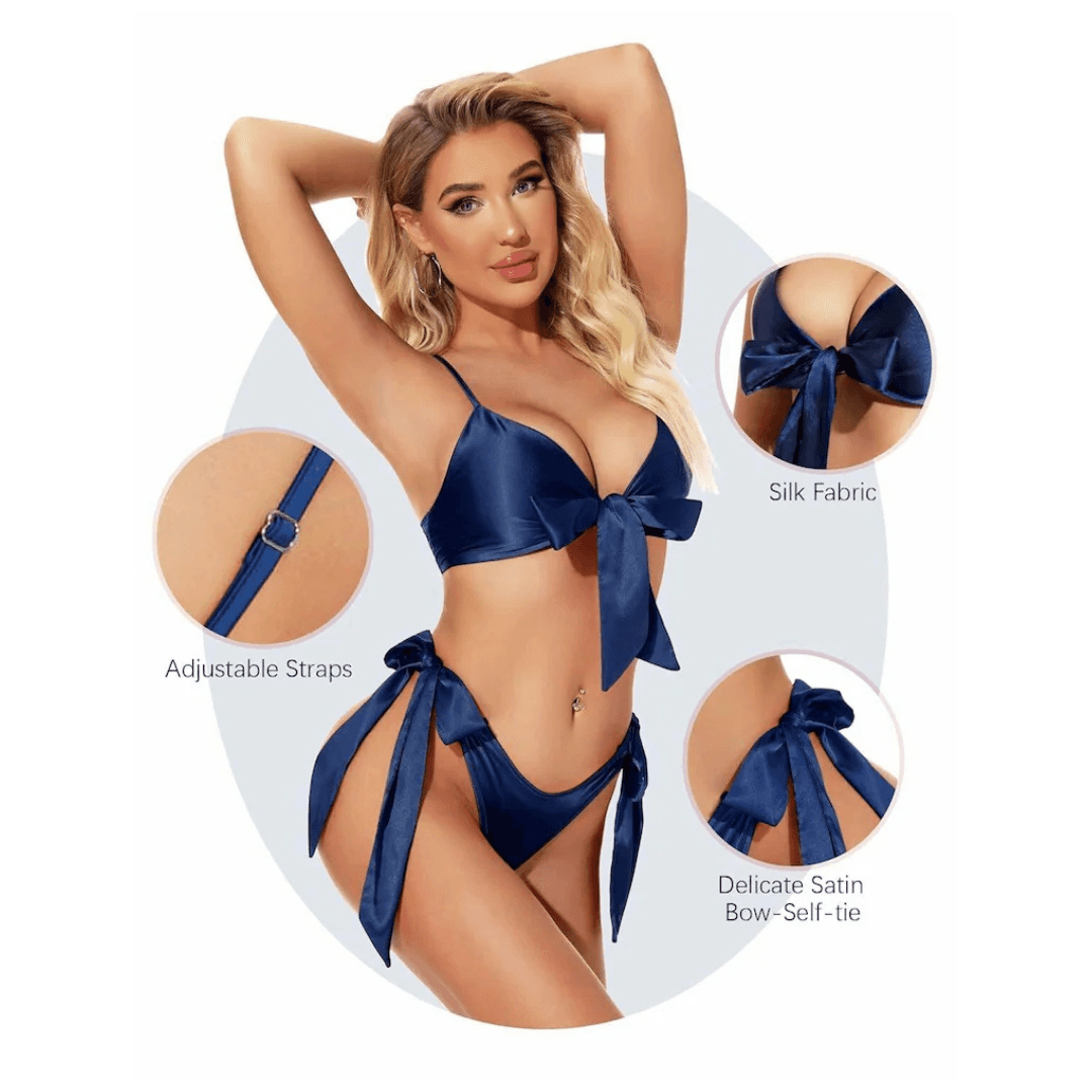 Women Babydoll Black Lingerie Set Satin Silk Two Piece Bra and Panty Sets for Valentine Honeymoon Nightwear Dress Free Size Navy Color 3