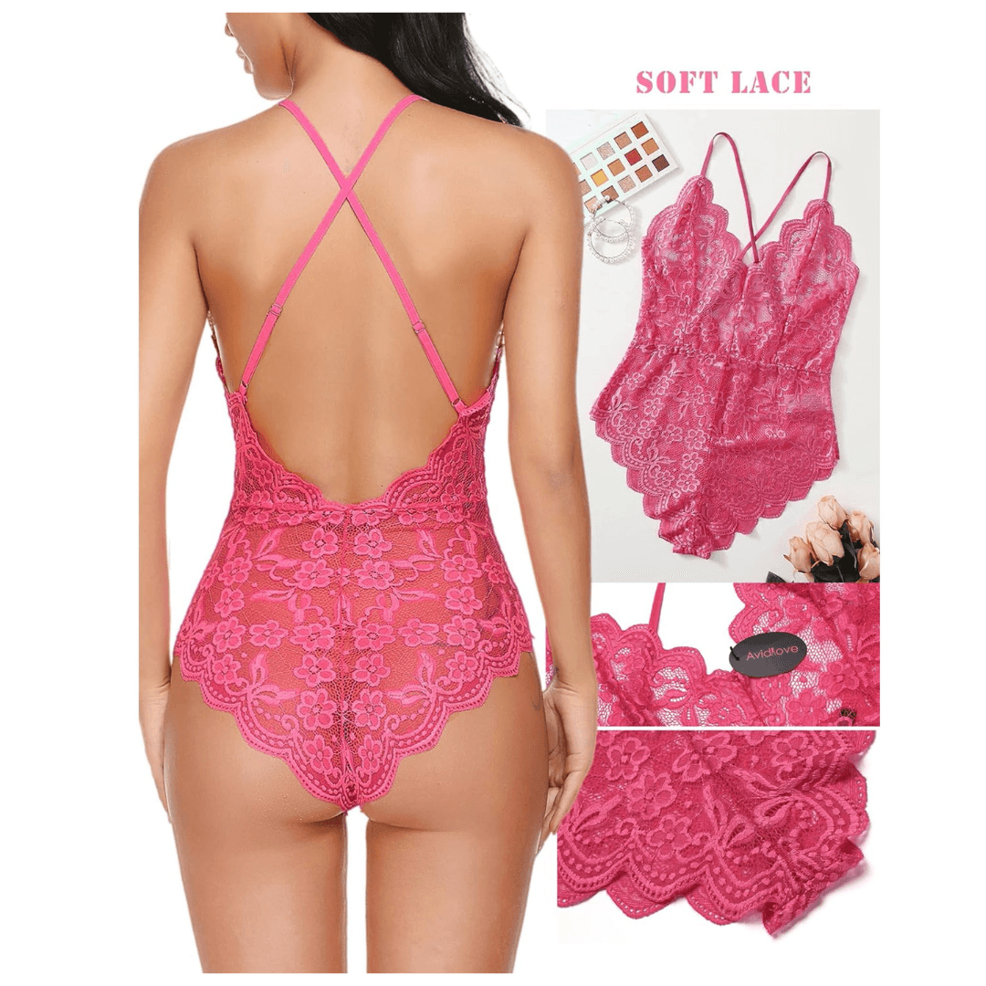 Women Deep V Lingerie Lace Teddy One Piece Babydoll Mini Bodysuit  Free Size Pink Color 1