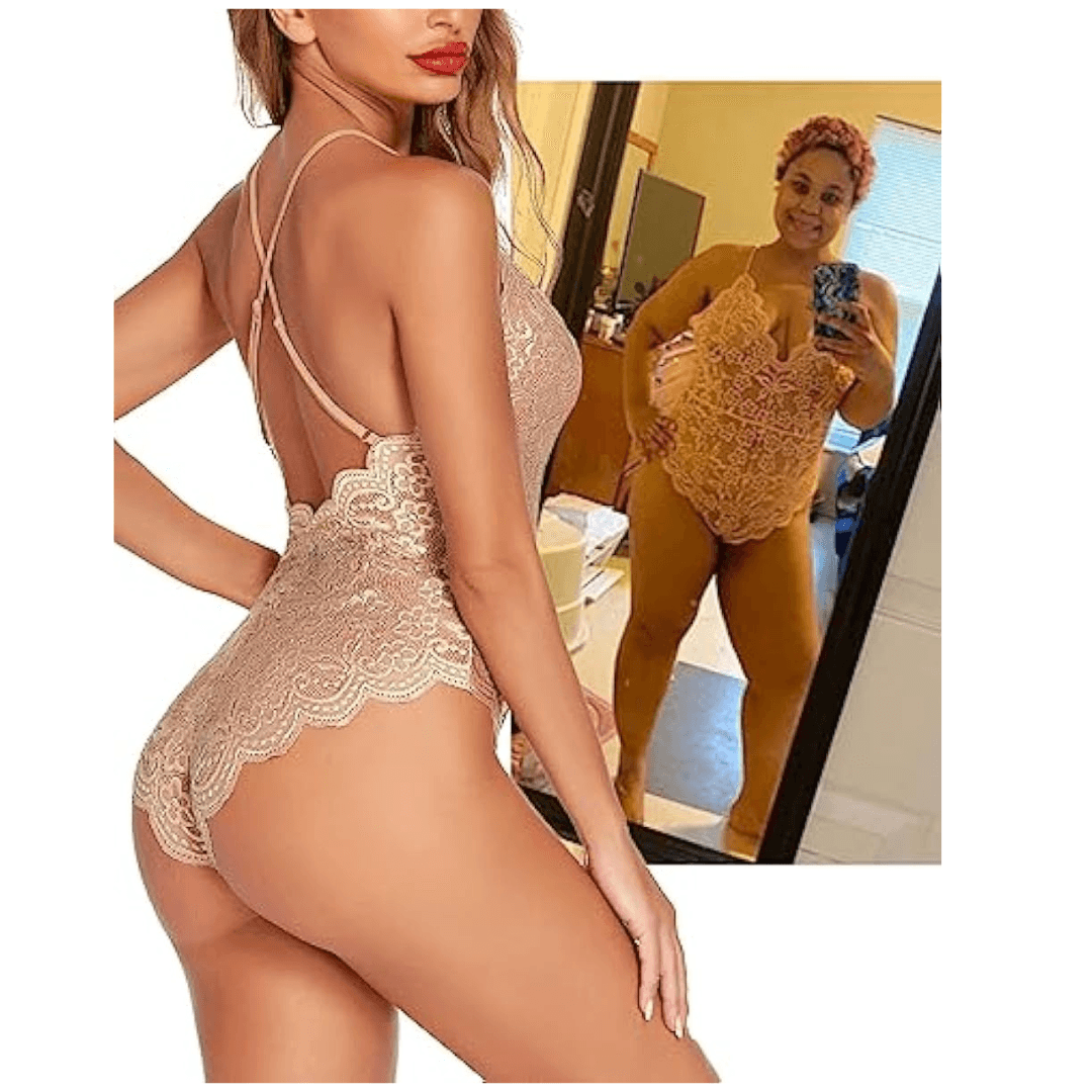 img Women Deep V Lingerie Lace Teddy One Piece Babydoll Mini Bodysuit Free Size Cream Color 1