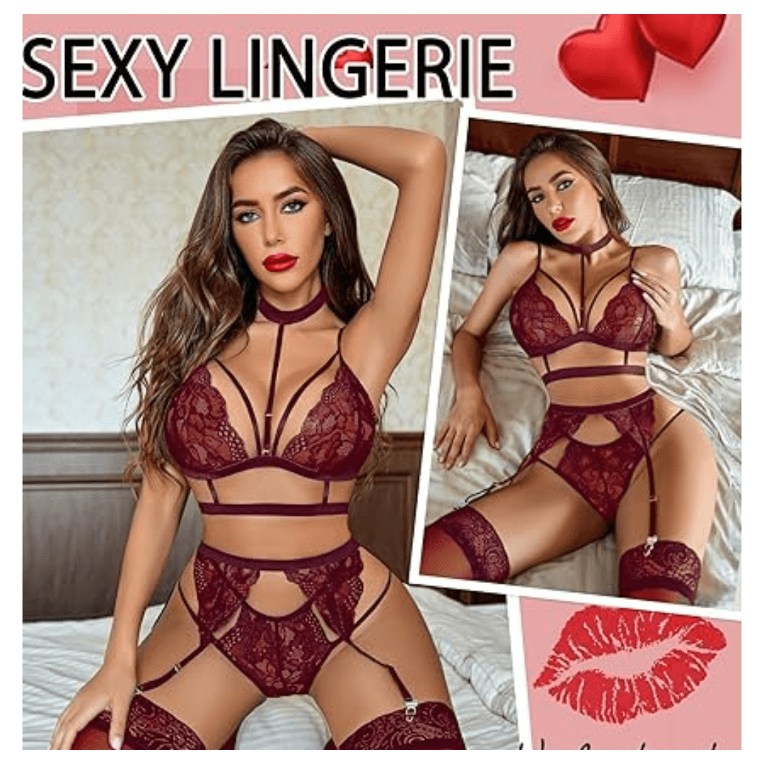 Women Lace Garter Lingerie Set with Removable Choker Teddy Babydoll Strappy Bra and Panty Set Free Size Maroon color (No Stockings) 3