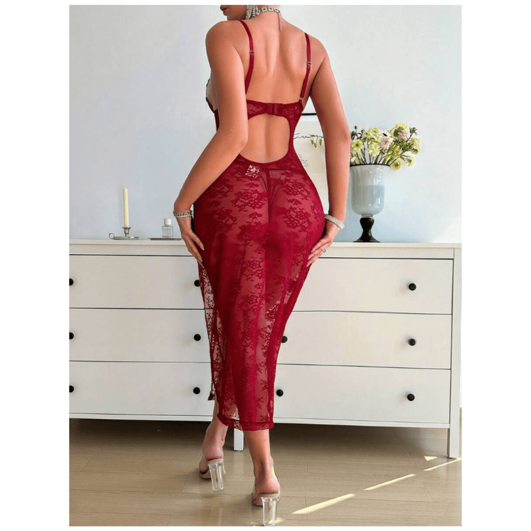 Women Nightdress Maxi Lingerie Lace Babydoll Sleepwear With G-String Panty For Honeymoon First Night Bridal Nightdress Free Size Maroon Color 2