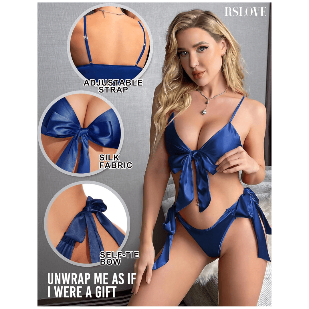 Women Babydoll Black Lingerie Set Satin Silk Two Piece Bra and Panty Sets for Valentine Honeymoon Nightwear Dress Free Size Navy Color 6