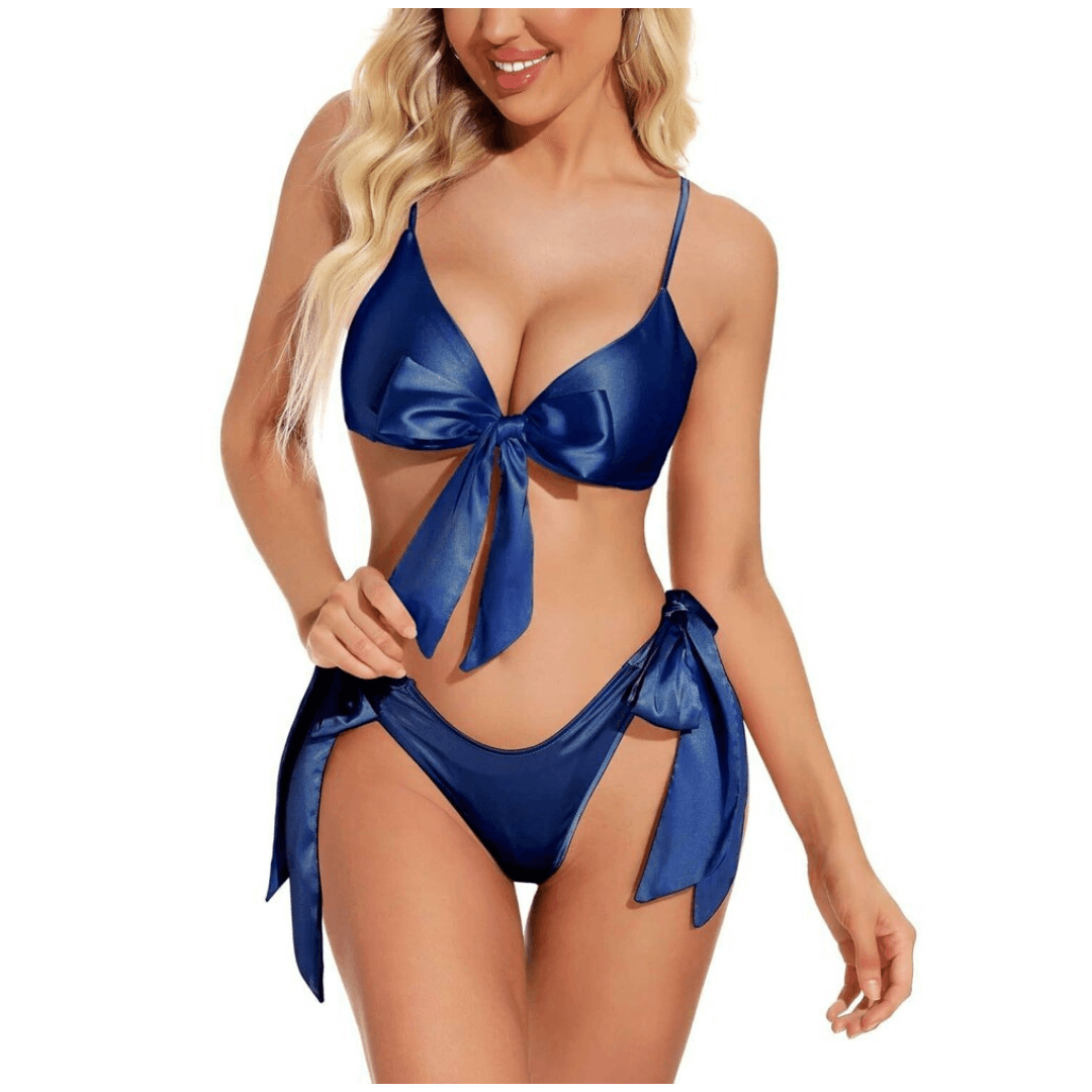 Women Babydoll Black Lingerie Set Satin Silk Two Piece Bra and Panty Sets for Valentine Honeymoon Nightwear Dress Free Size Navy Color
