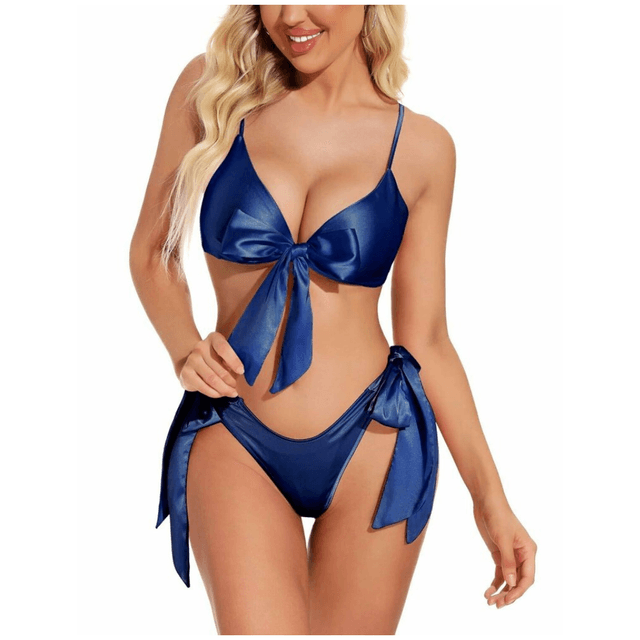 Women Babydoll Black Lingerie Set Satin Silk Two Piece Bra and Panty Sets for Valentine Honeymoon Nightwear Dress Free Size Navy Color