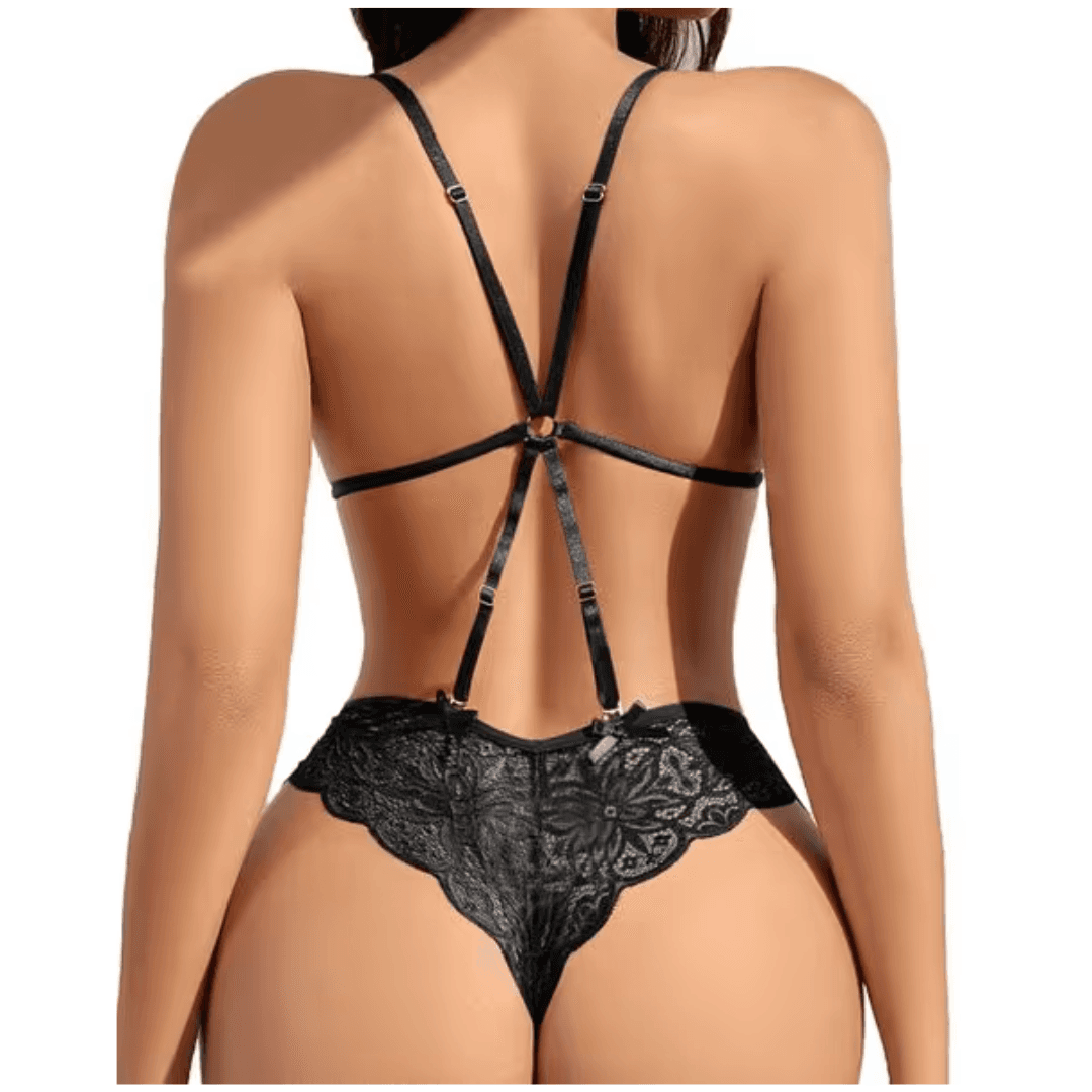 "Women Lingeries Deep V Teddy Lingerie Lace Bodysuit Cut Out One Piece Mini Babydoll Free Size Black Color" 1
