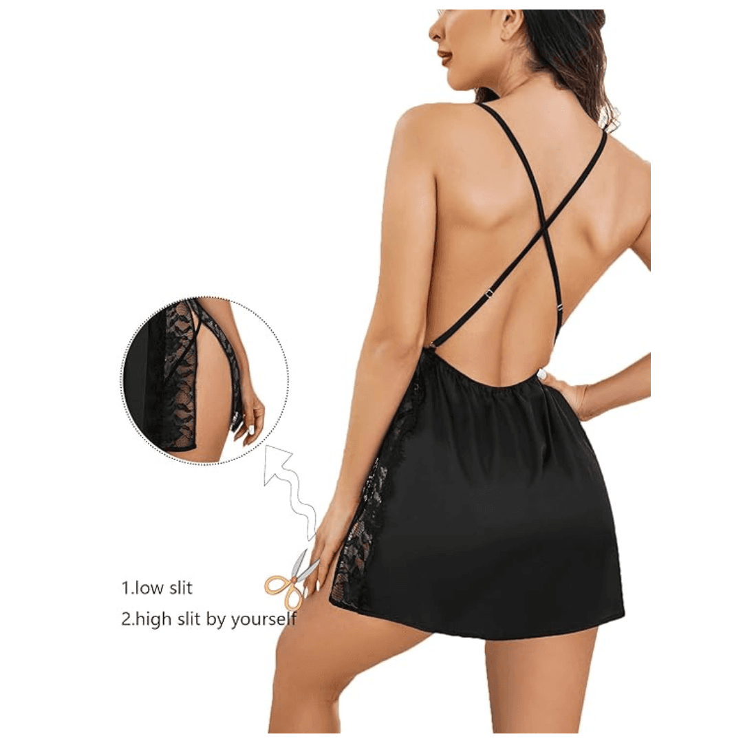 Women Lingerie Nylon Spandex Lace Chemise Nightgown Side Slit Sleepwear Baby Doll Nightwear With G String Panty Free Size Black Color 1