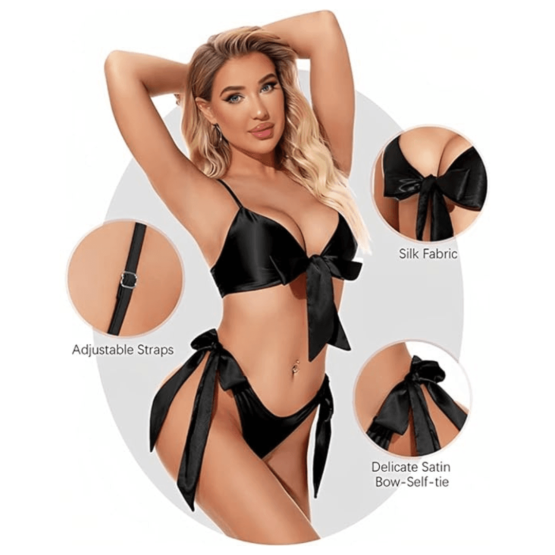 Women Babydoll Black Lingerie Set Satin Silk Two Piece Bra and Panty Sets for Valentine Honeymoon Nightwear Dress Free Size Black Color 1