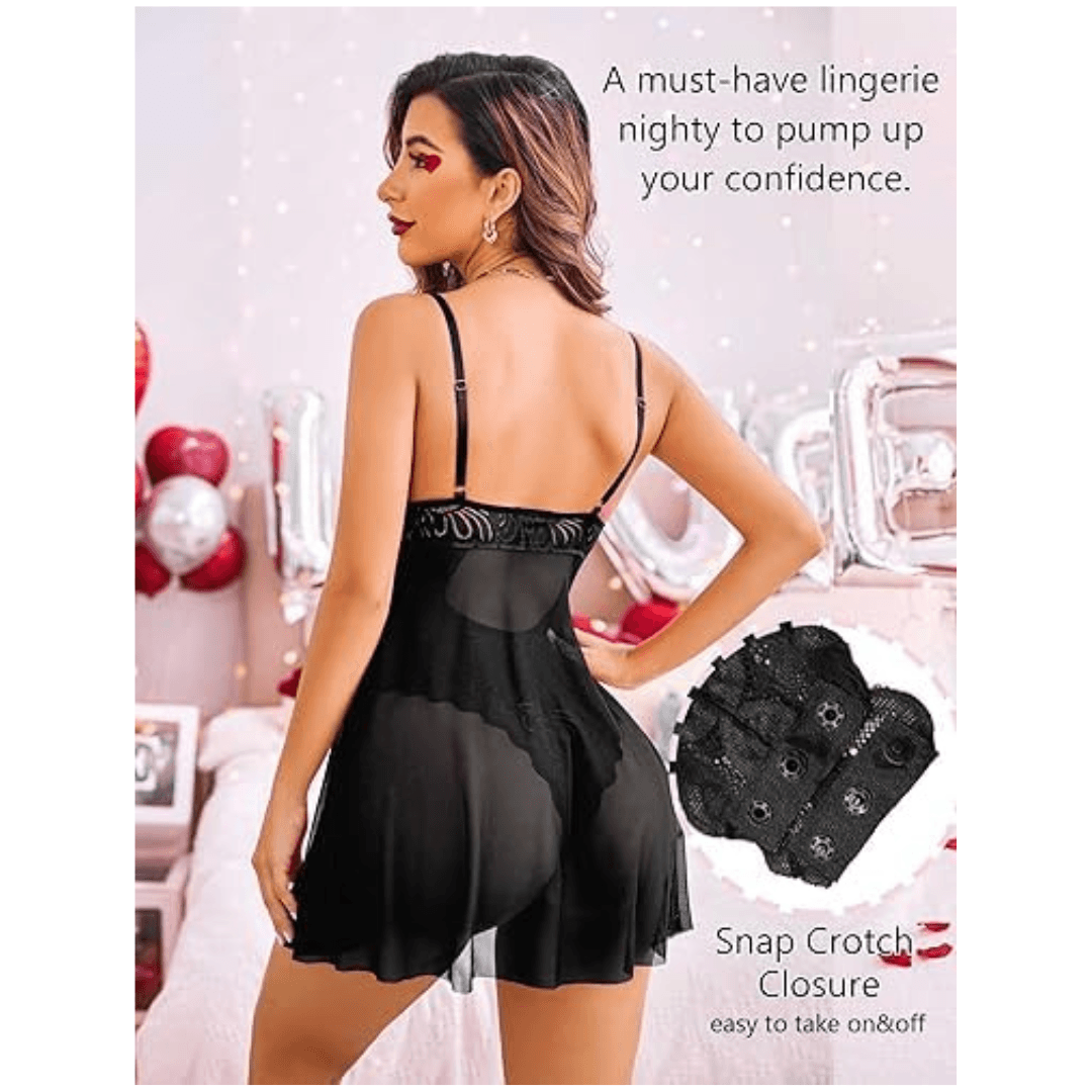 Babydoll Lingerie for Women Floral Snap Crotch Teddy Chemise Nightie Lace Nightgown For Women Free Size Black Color 2