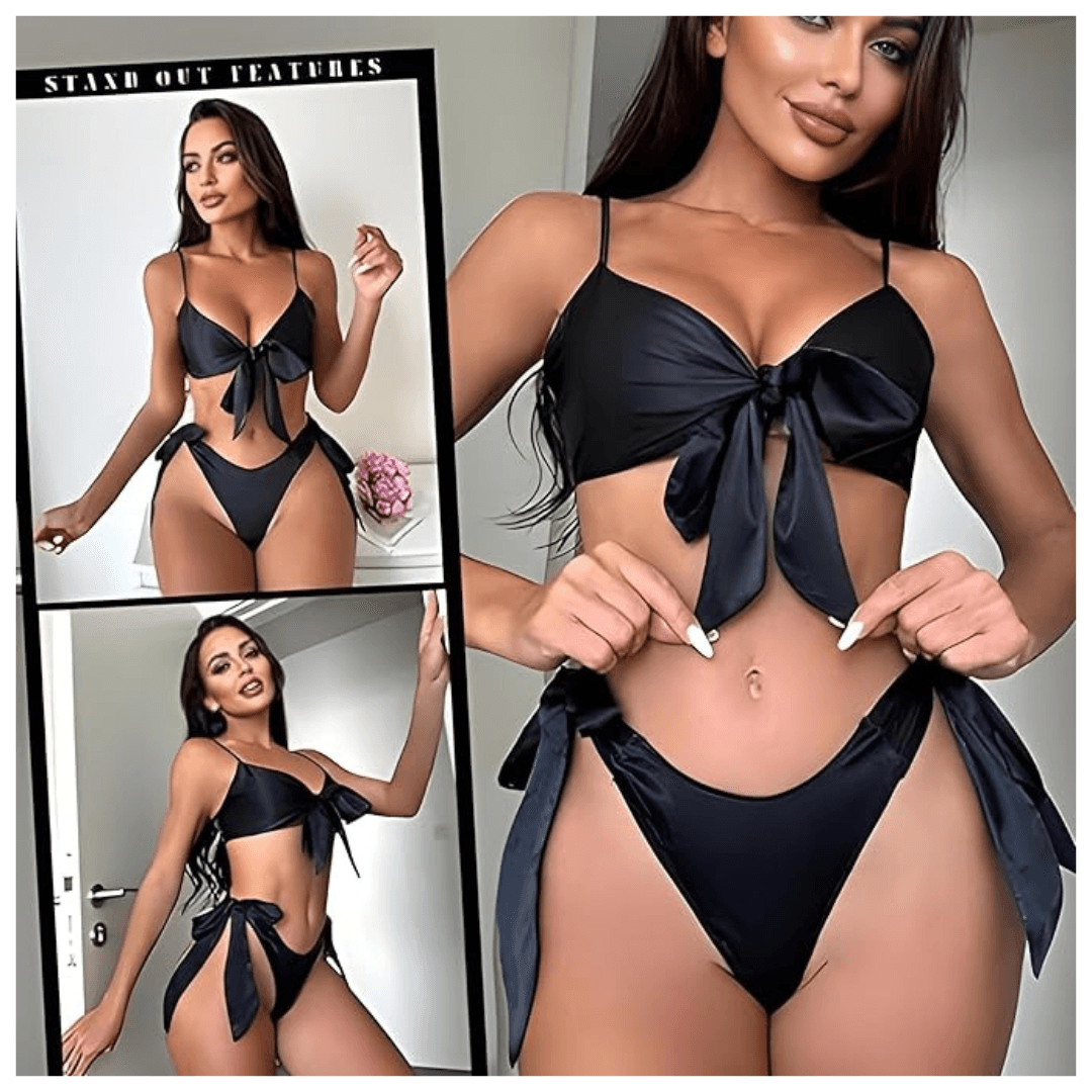 Women Babydoll Black Lingerie Set Satin Silk Two Piece Bra and Panty Sets for Valentine Honeymoon Nightwear Dress Free Size Black Color 3
