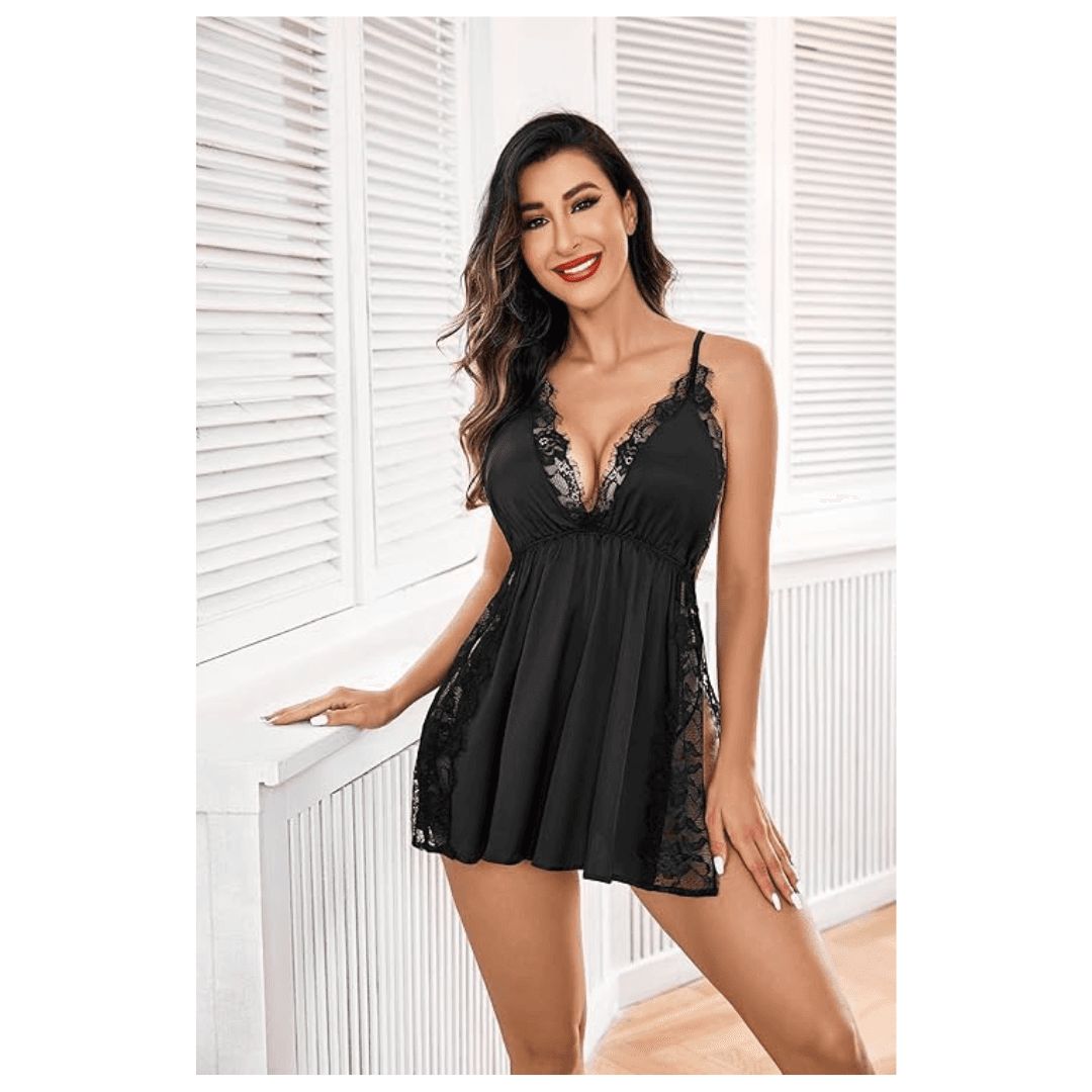 Women Lingerie Nylon Spandex Lace Chemise Nightgown Side Slit Sleepwear Baby Doll Nightwear With G String Panty Free Size Black Color 4