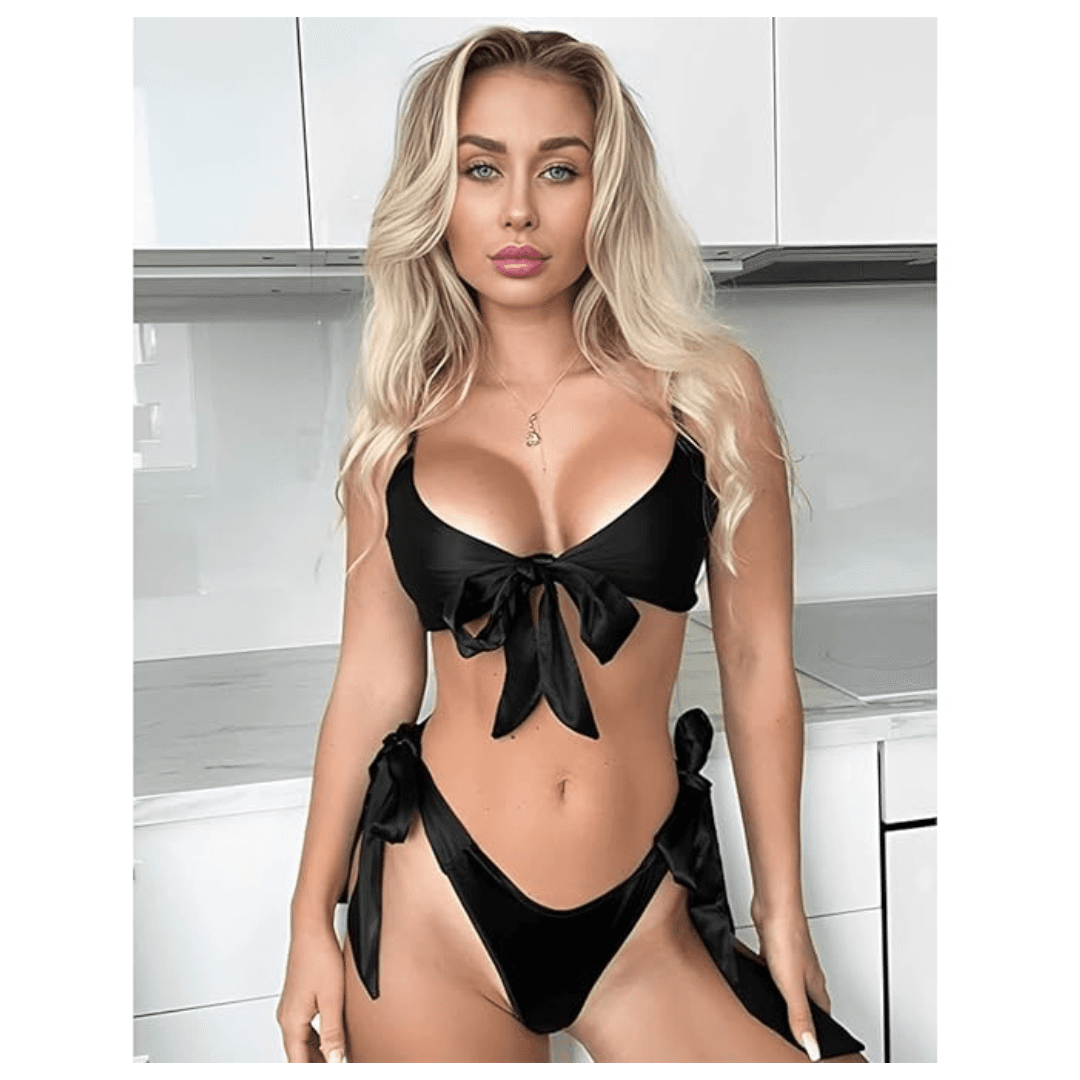 Women Babydoll Black Lingerie Set Satin Silk Two Piece Bra and Panty Sets for Valentine Honeymoon Nightwear Dress Free Size Black Color 2