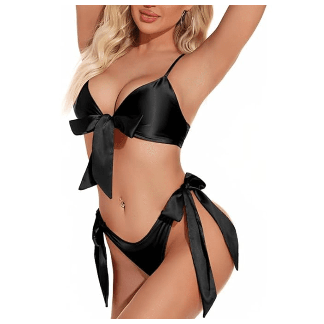 Women Babydoll Black Lingerie Set Satin Silk Two Piece Bra and Panty Sets for Valentine Honeymoon Nightwear Dress Free Size Black Color