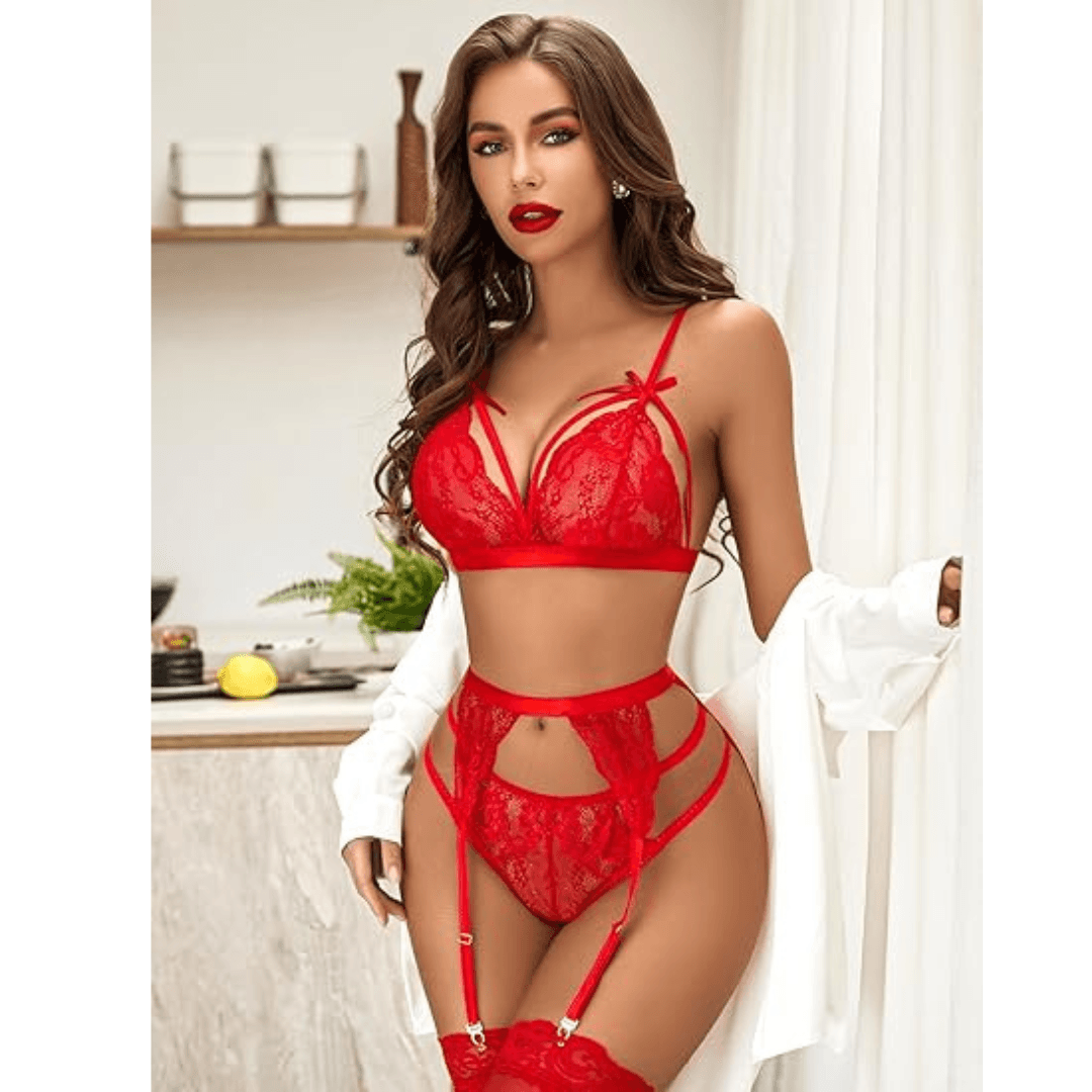Women Lingerie Set Lace Teddy Strap Babydoll Bodysuit with Garter Belts  Free Size Red Color(No Stocking) 2