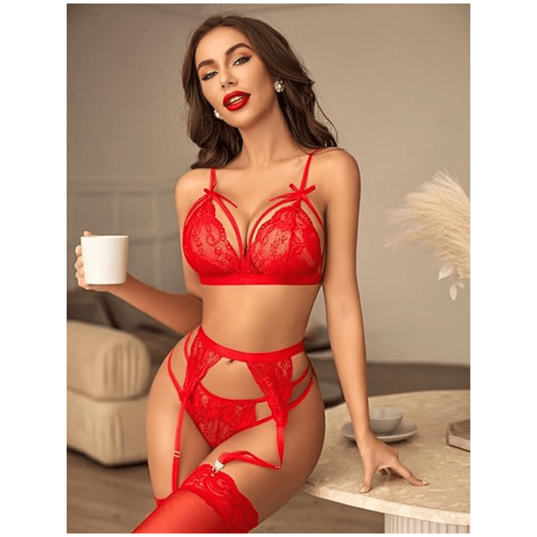 Women Lingerie Set Lace Teddy Strap Babydoll Bodysuit with Garter Belts  Free Size Red Color(No Stocking) 3