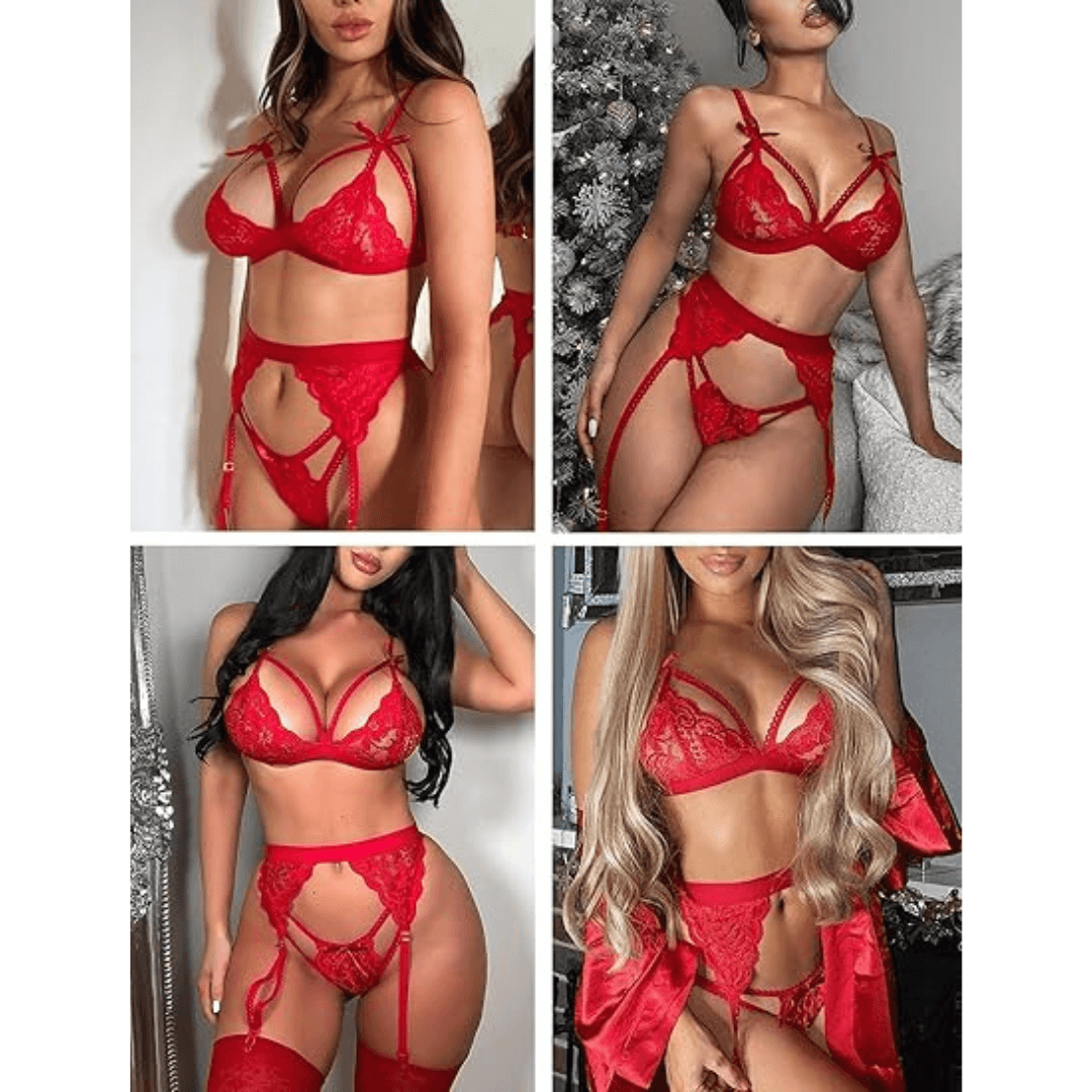 Women Lingerie Set Lace Teddy Strap Babydoll Bodysuit with Garter Belts  Free Size Red Color(No Stocking) 4