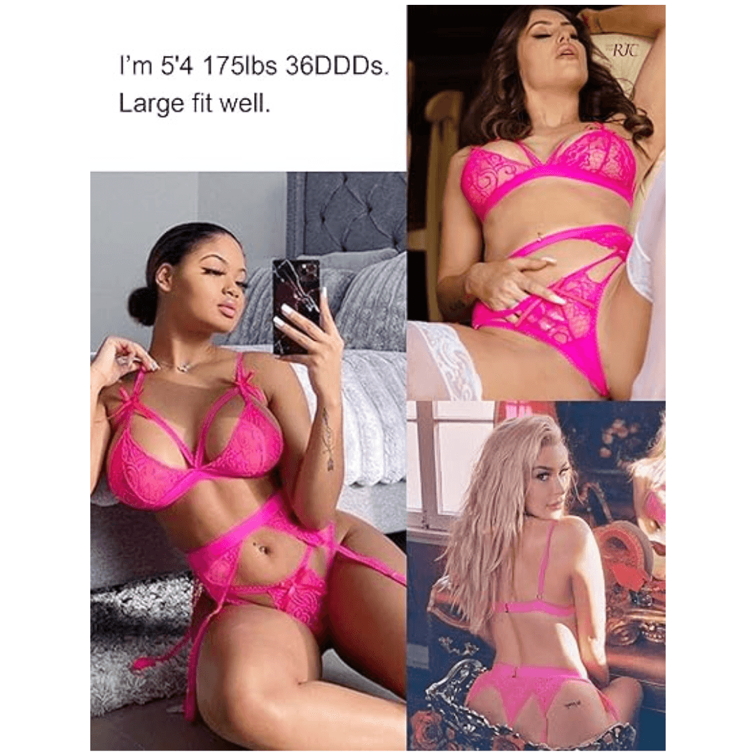 Women Lingerie Set Lace Teddy Strap Babydoll Bodysuit with Garter Belts  Free Size Pink Color(No Stocking) 3