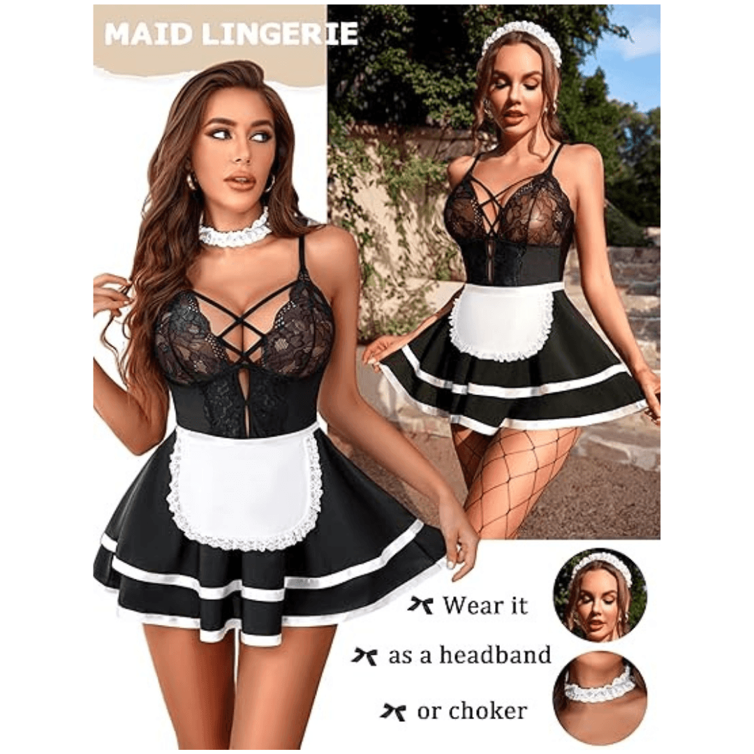 Maid Lingerie for Women Maid Outfit French Maid Costume Babydoll Lingerie Dress Cosplay Lingerie Free Size Black Color 1