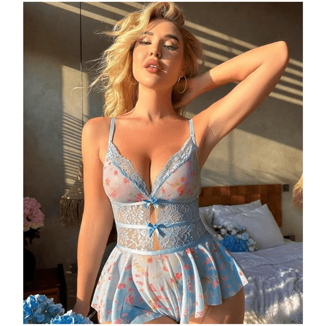 Daisy Lace Babydoll Nightwear - Women's Floral Chemise One-Piece with Lace Babydoll Lingerie Mesh Wedding Nightie Bridal Dress Honeymoon Valentine Nightdress Free Size Light Blue Color 4