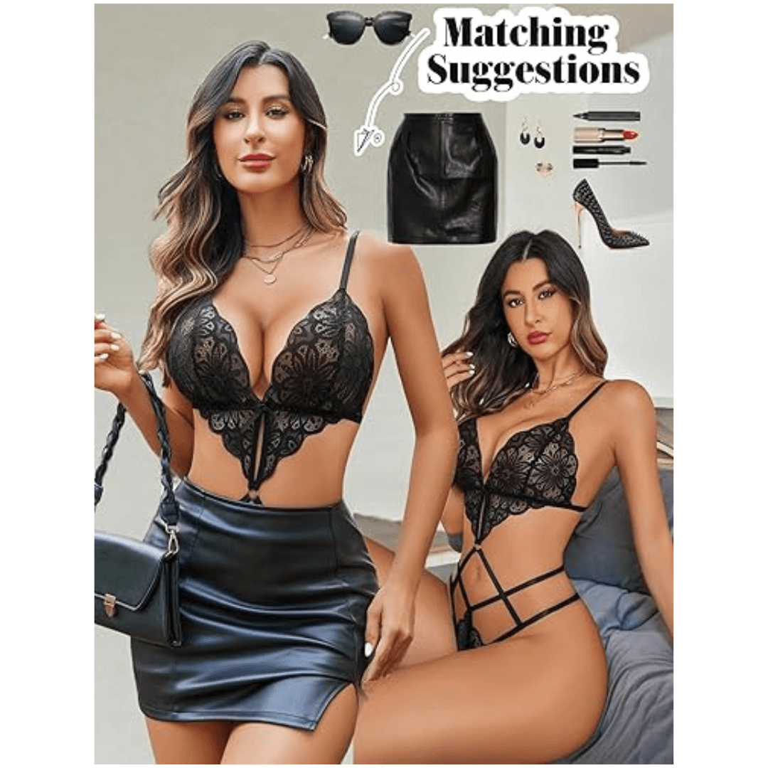 "Women Lingeries Deep V Teddy Lingerie Lace Bodysuit Cut Out One Piece Mini Babydoll Free Size Black Color" 5