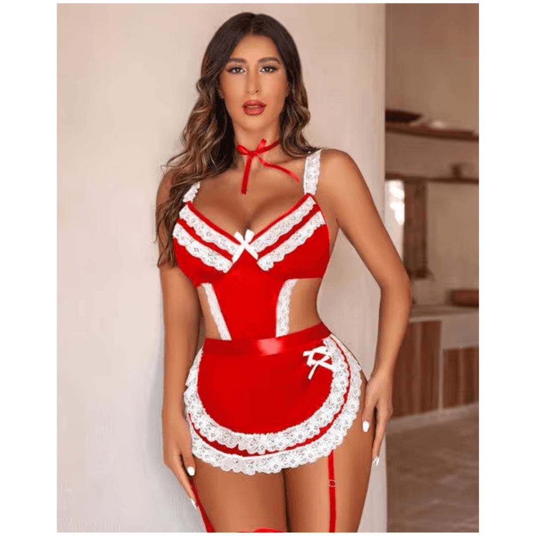Women Lingerie Sets Lace V Neck Teddy Babydoll 3 Pack Lingerie Costumes Sleepwear Dress Free Size Red Color 2