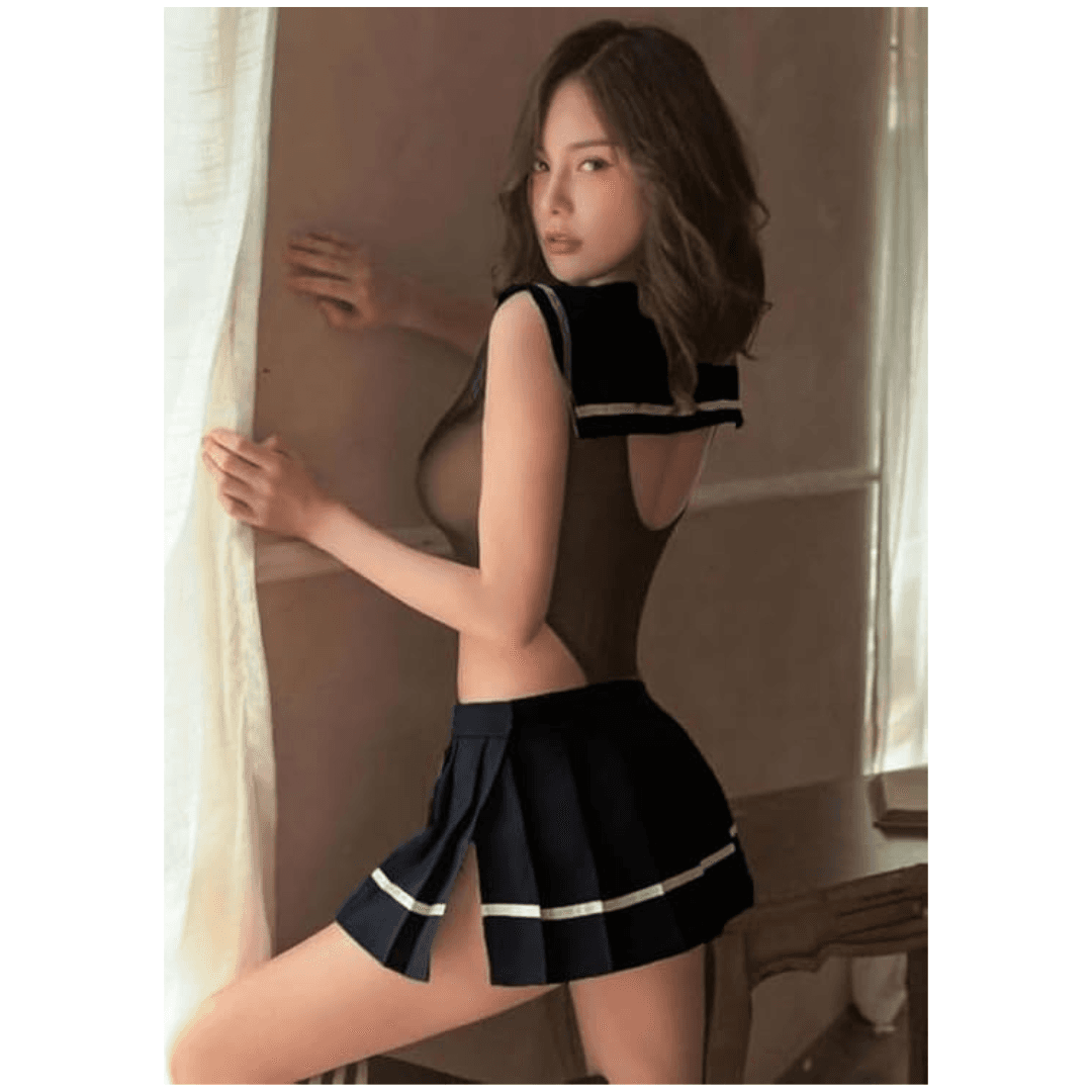 Women Chemise Babydoll Gown Lingerie Nighty Roleplay Dress Cosplay Dress Crop Top Skirt and G String Babydoll Bikini Free Size Black Color 1