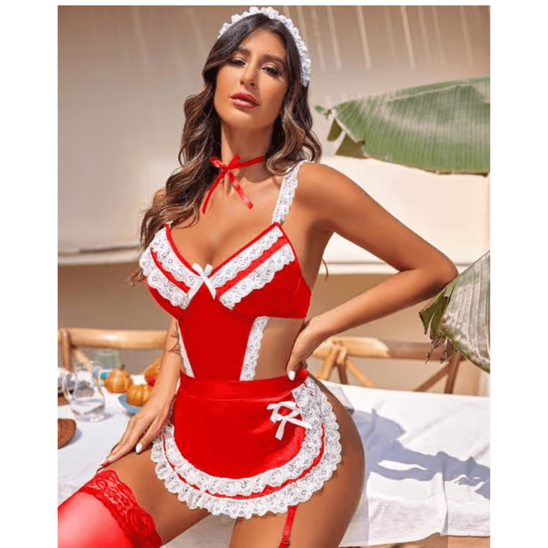 Women Lingerie Sets Lace V Neck Teddy Babydoll 3 Pack Lingerie Costumes Sleepwear Dress Free Size Red Color 3