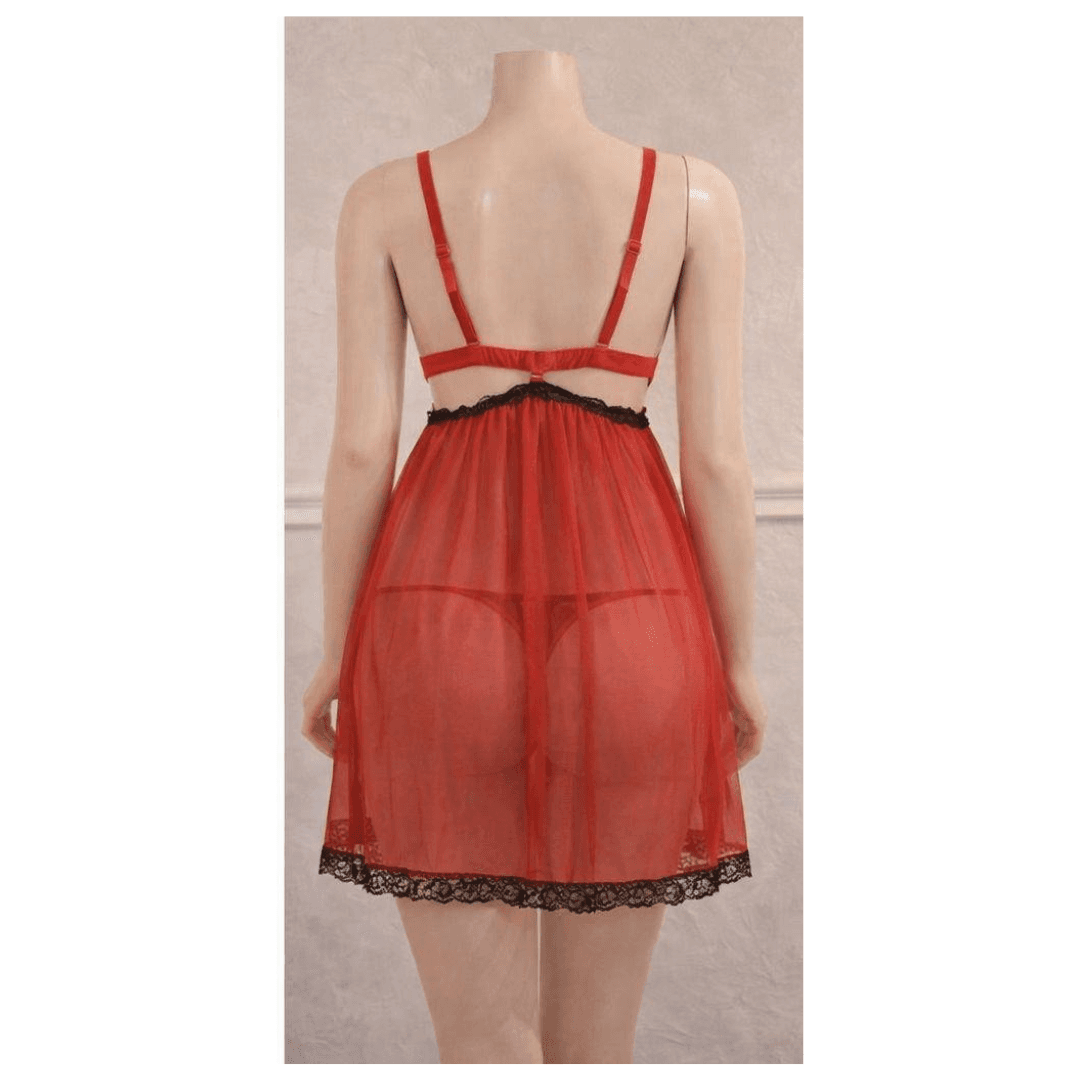 Women Heart Design Nightwear Lingerie Set Babydoll NightDress With G String Panty Free Size Red Color 1