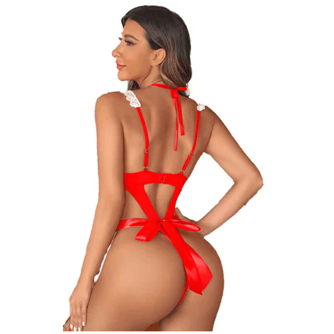Women Lingerie Sets Lace V Neck Teddy Babydoll 3 Pack Lingerie Costumes Sleepwear Dress Free Size Red Color 1