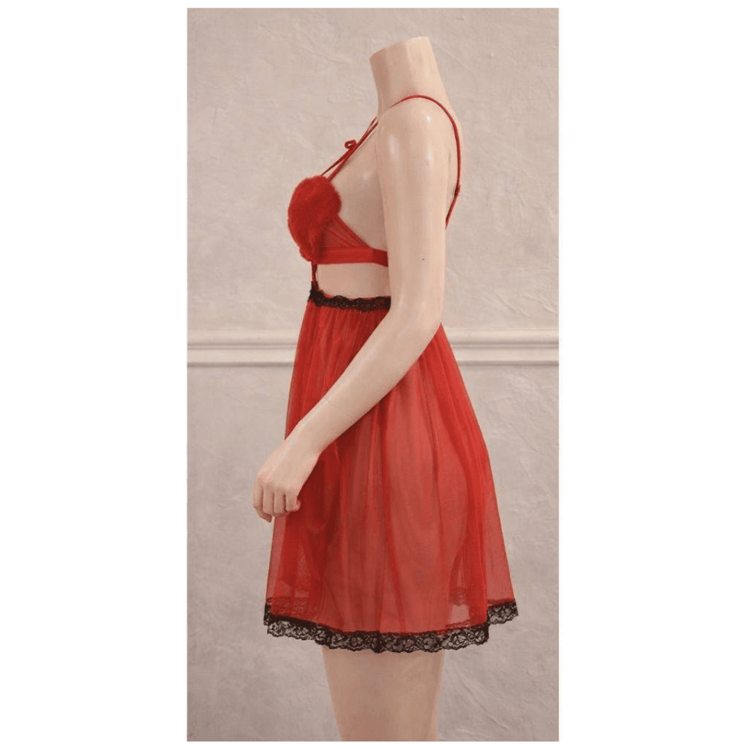 Women Heart Design Nightwear Lingerie Set Babydoll NightDress With G String Panty Free Size Red Color 2