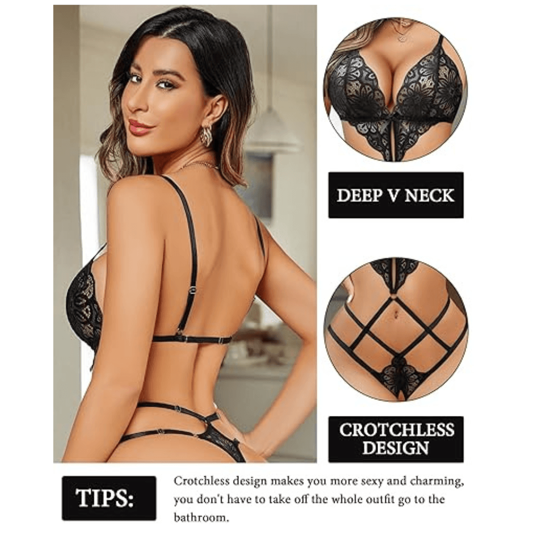 "Women Lingeries Deep V Teddy Lingerie Lace Bodysuit Cut Out One Piece Mini Babydoll Free Size Black Color" 1