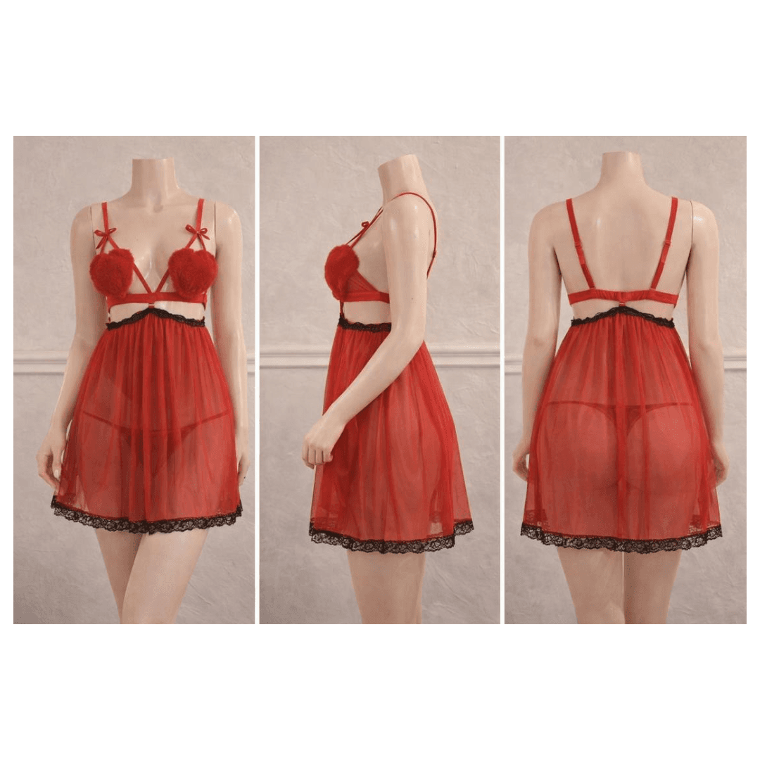 Women Heart Design Nightwear Lingerie Set Babydoll NightDress With G String Panty Free Size Red Color 3