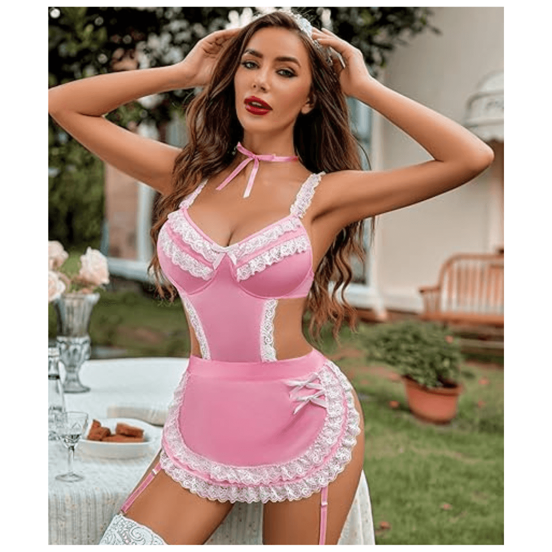 Women Lingerie Sets Lace V Neck Teddy Babydoll 3 Pack Lingerie Costumes Sleepwear Dress Free Size Pink Color 4