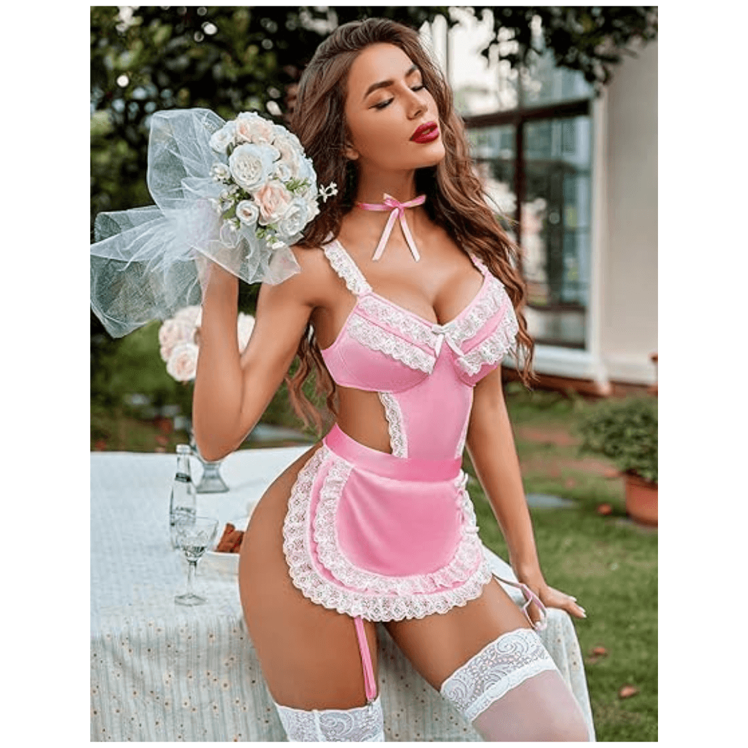 Women Lingerie Sets Lace V Neck Teddy Babydoll 3 Pack Lingerie Costumes Sleepwear Dress Free Size Pink Color 3