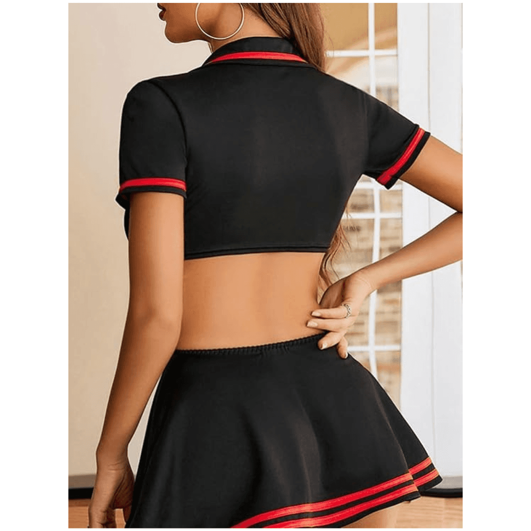 Women Two-Piece Costume Set, Black Nurse Roleplay Dress with Heart Design and Lace Trim, V-neck Short Sleeve With G-string Panty Free Size Black Color 1