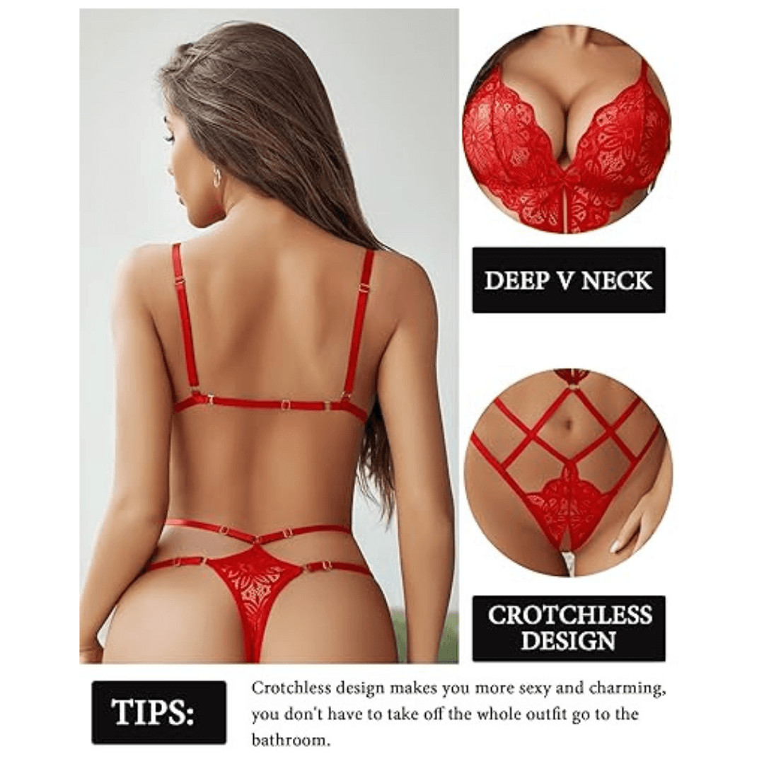 "Women Lingeries Deep V Teddy Lingerie Lace Bodysuit Cut Out One Piece Mini Babydoll Free Size Red Color" 4