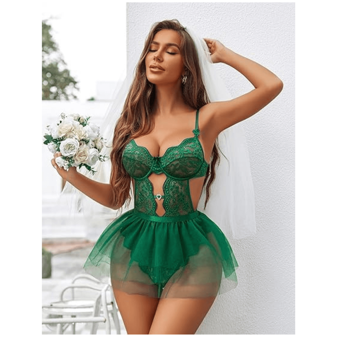 Lingerie Set Lace Underwired Bodysuit with Detachable Mesh Mini Skirt Push Up Teddy Lingerie Green Color Free Size 2