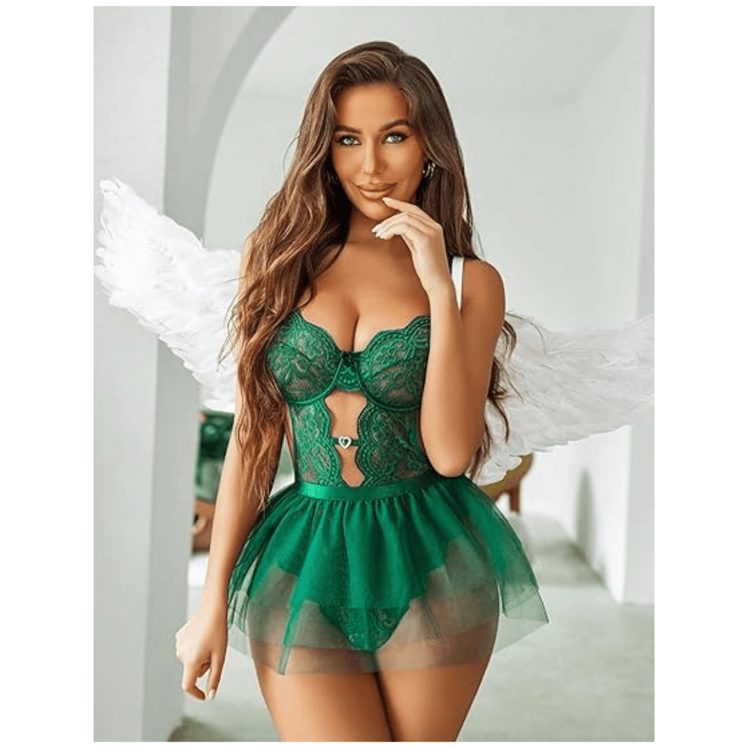 Lingerie Set Lace Underwired Bodysuit with Detachable Mesh Mini Skirt Push Up Teddy Lingerie Green Color Free Size 1