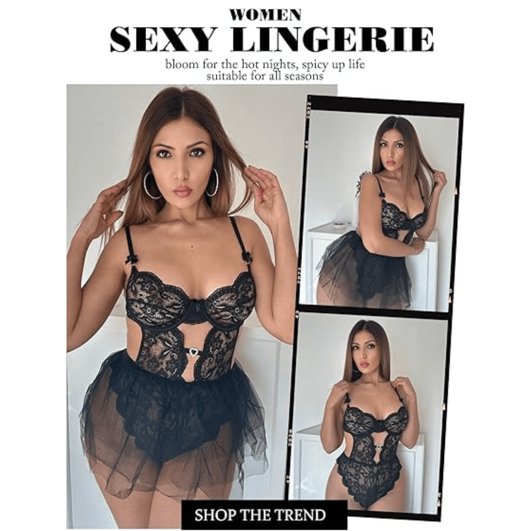 Lingerie Set Lace Underwired Bodysuit with Detachable Mesh Mini Skirt Push Up Teddy Lingerie Black Color Free Size 3
