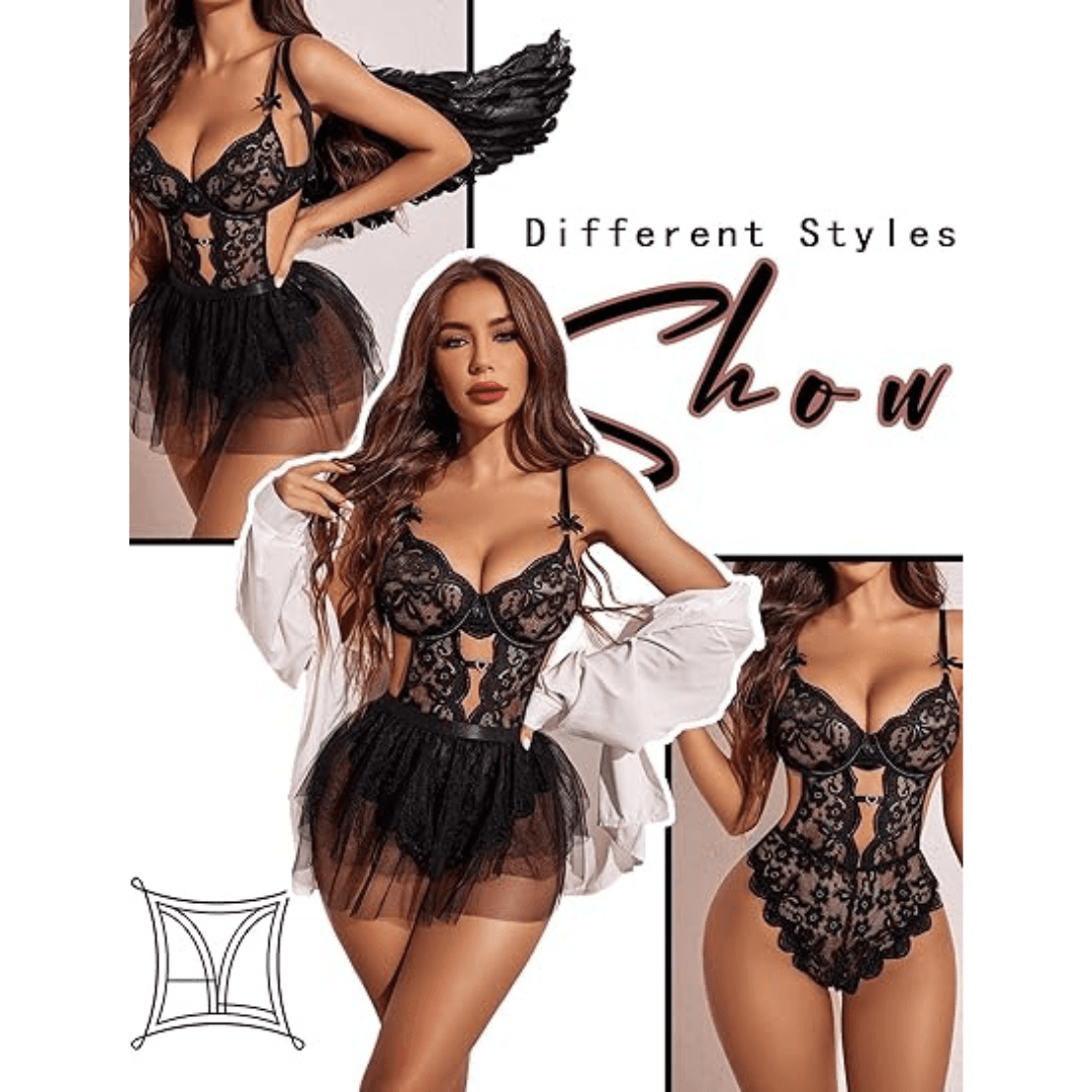 Lingerie Set Lace Underwired Bodysuit with Detachable Mesh Mini Skirt Push Up Teddy Lingerie Black Color Free Size 2