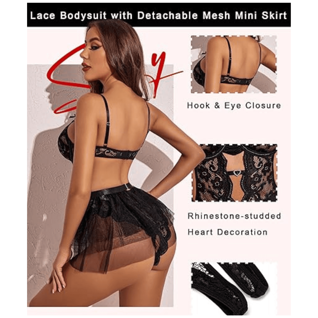 Lingerie Set Lace Underwired Bodysuit with Detachable Mesh Mini Skirt Push Up Teddy Lingerie Black Color Free Size 1