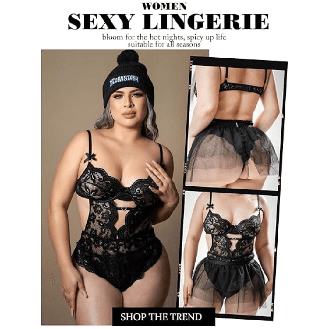 Lingerie Set Lace Underwired Bodysuit with Detachable Mesh Mini Skirt Push Up Teddy Lingerie Black Color Free Size 4